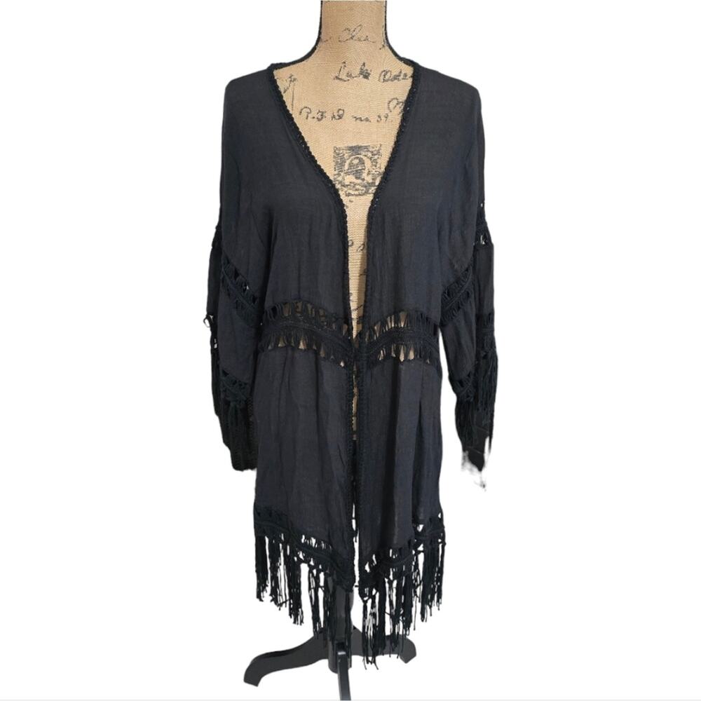 Vivid Black Crochet Fringe Boho Kimono Duster Swimsuit Coverup Plus Size 1X New